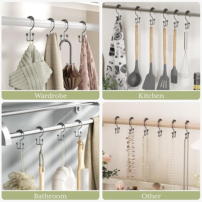 Amazer Black Shower Curtain Hooks, Shower Curtain Hooks Rust Proof 12 Pcs Stainless Steel Shower Hooks for Shower Curtain, Double Shower Curtain Hooks for Bathroom Shower Rods Curtain