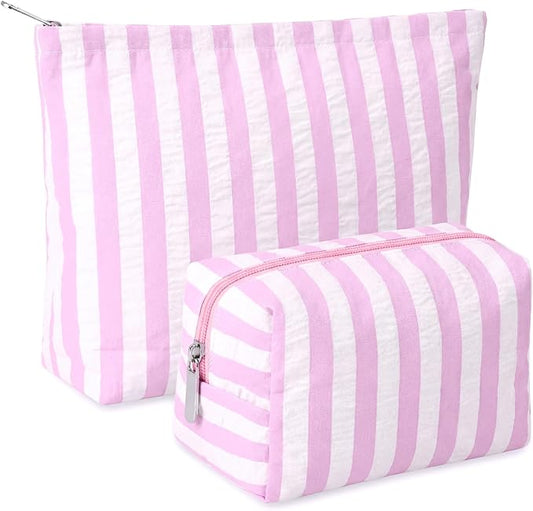 2 Pcs Makeup Bag Set Cute Cosmetic Pouch for Women Seersucker Travel Toiletry Bag Preppy Small Makeup Purse Pouch Aesthetic Skincare Brushes Storage Organizer for Valentine Women(Pink Wide)