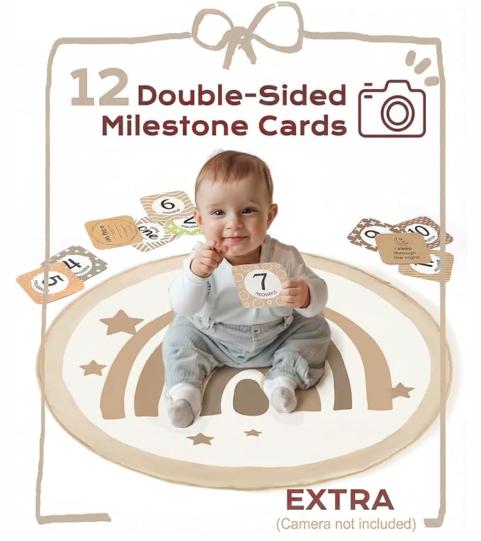 Little Dove Baby Play Gym Mat, Tummy Time Activity Mat with 7 Detachable Toys and 12 Milestone Cards for Stage-Based Sensory and Motor Skill Development, Washable Play Mats for Infant, Brown