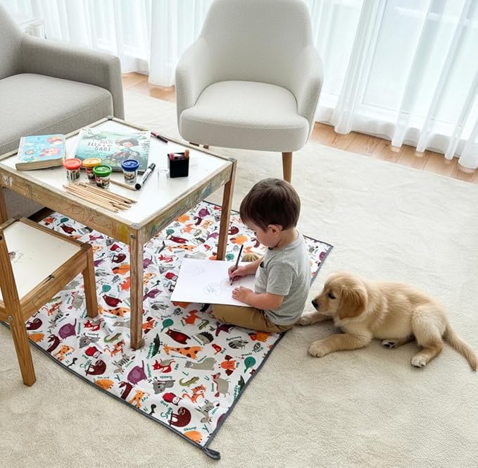Waterproof High Chair Splat Mat – Machine Washable Floor & Table Protector for Baby Feeding, Art & Crafts, Outdoor Use (Zoo, 57x118 Inch)