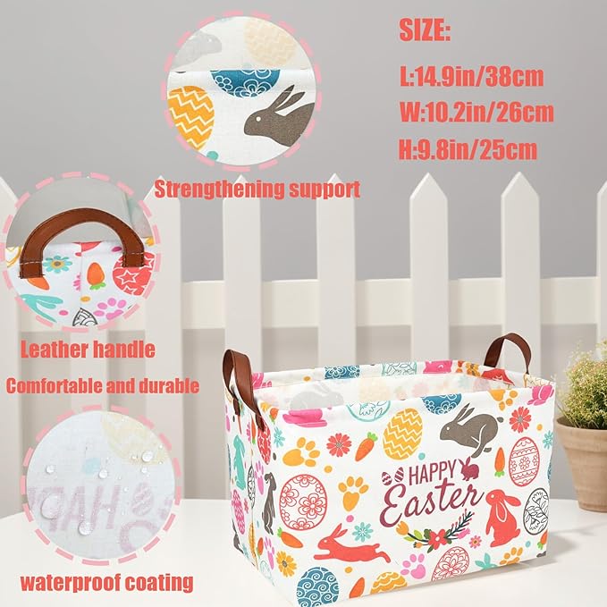 ASKETAM Easter Basket for Kid Large Empty Rectangular Cute Easter Gift Storage Basket Bunny Eggs Décor (Rabbit Bohemia)