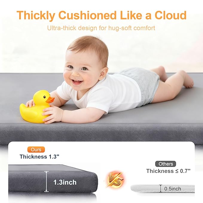 Ultra Soft Baby Play Mat for Floor, 50"x50" Playpen Mat, 1.3" Thick Memory Foam, Non-Slip Tummy Time Mat for Infants, Toddlers, and Kids – Water-Repellent Coral Velvet, Easy Care