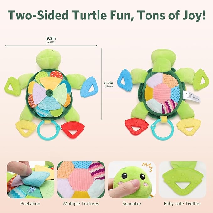 Turtle Baby Sensory Toy, 6 in 1 Montessori Tummy Time Toys Baby Texture Toys, Flip Scales & Multi-Textured Belly & Rattle Squeaker Teethers, Early Educational Toys for 0-3 Years Newborn to Toddler