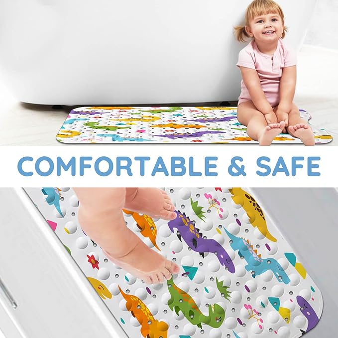 KINUUIS Bathtub Mats for Kids, Cartoon Dinosaur Bath Mat for Tub Non Slip, 40 X 16 Inch Large Washable Bathtub Mat Non Slip for Showers with Drain Holes and Suction Cups