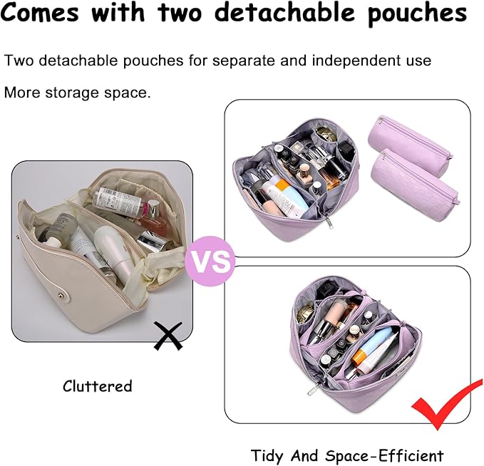 BOYATU Travel Makeup Bag Organizer Cosmetic Bag: 3 Pcs Set Make up Bags for Women with Handle - Waterproof Vegan Leather Toiletry Bags Travel Essentials Pouch with Compartments (01-F-Purple)