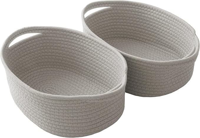 JMvicyroam Woven Basket,Small Rope Storage Bin with Handles & Ribbon Bag, Organizer for Shelves Closets,Gift Basket Empty for Birthday,Books,Dog Toys, Grey/2 Pack