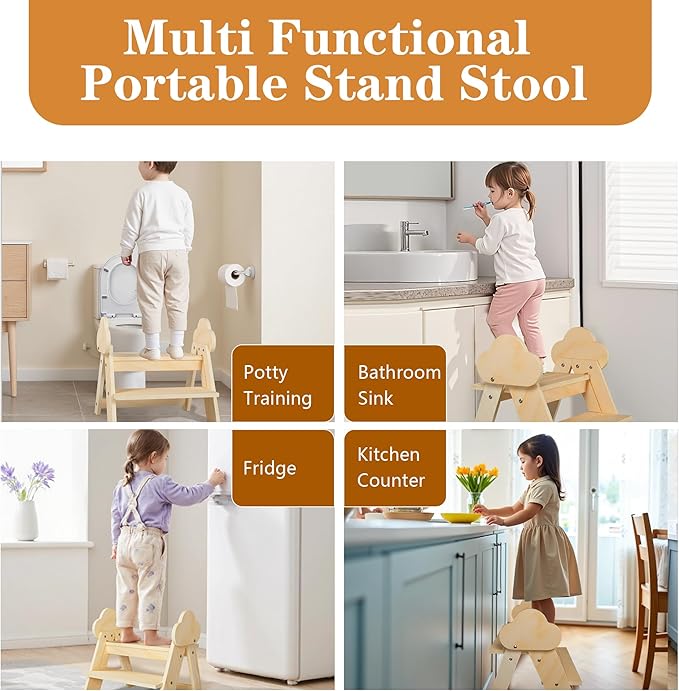 TinyHaven Wooden Toddler Step Stool, 2-Step Foldable Stool for Kids with Non-Slip Surface, Baby Bathroom Stool for Potty Training, Bathroom Sink, Kitchen Counter with Cute Cloud Design, Natural