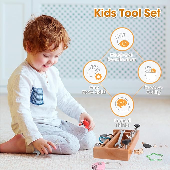 TOUHKAN Montessori Busy Board Kids Tool Set, Montessori Screwdriver Board Lock and Key Toy, Sensory Toys for Kids with Autism, Sensory Bin Fine Motor STEM Quiet Fidget Toys for Toddlers 3 4 5