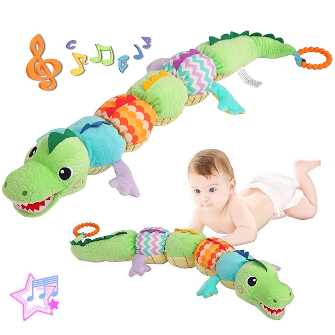 Baby Sensory Green Dinosaur Plush Musical Rattle Toy with Rustling Sounds for Infant 0-6 Months, Tummy Time Sensory Toys for 3-12 Month Old Newborn