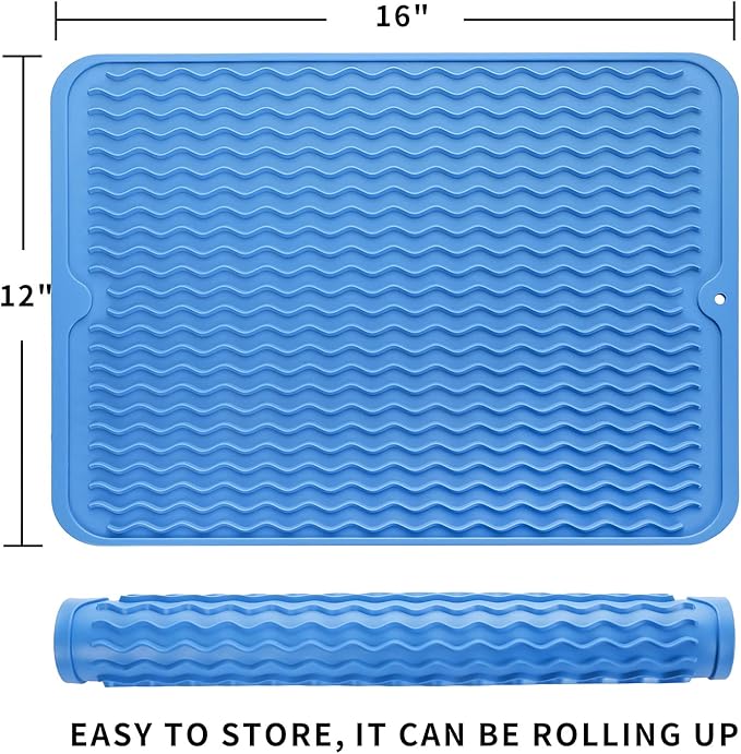 MicoYang Silicone Dish Drying Mat for Multiple Usage,Easy clean,Eco-friendly,Heat-resistant Silicone Mat for Kitchen Counter or Sink,Refrigerator or drawer liner Lichen BlueL L 16 inches x 12 inches