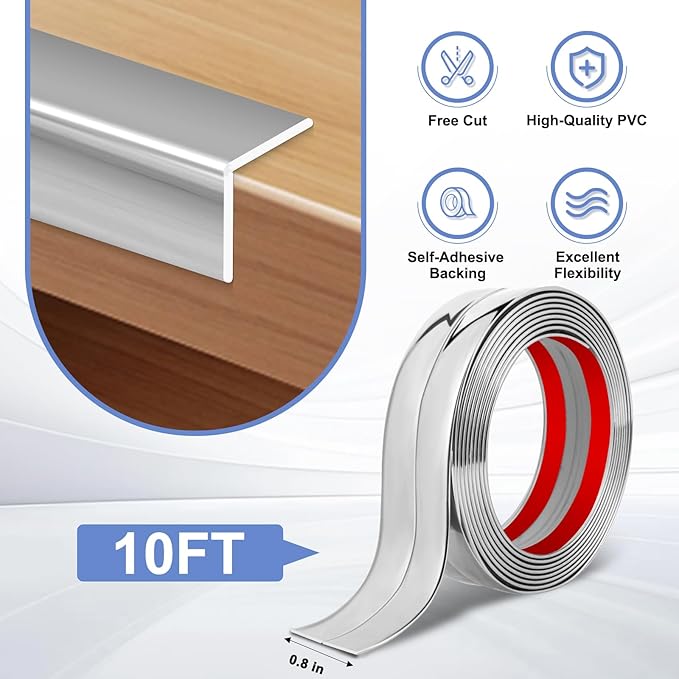 Wall Corner Protector Moulding Trim Peel and Stick Wall Corner Guards Trim Flexible Self Adhesive Edge Protector Moulding, 0.8 in x 10 Ft, Silver