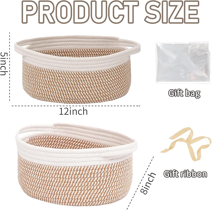 JMvicyroam Woven Basket,Small Rope Storage Bin with Handles & Ribbon Bag, Organizer for Shelves Closets,Gift Basket Empty for Birthday,Books,Dog Toys, White&Brown Block/2 Pack