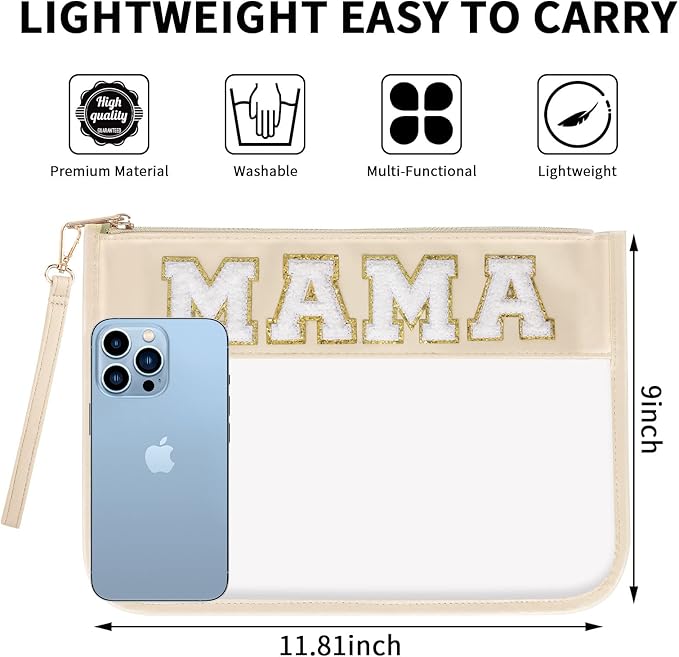 Iqimott Chenille Clear Letter Mama Bag Flat Pouch, Monogram Glitter Letter Patch Makeup Cosmetic Bag Zipper Toiletry Pouch, Portable Travel Beach Snack Wristlet Bags for Women Girls(Mama, Beige)