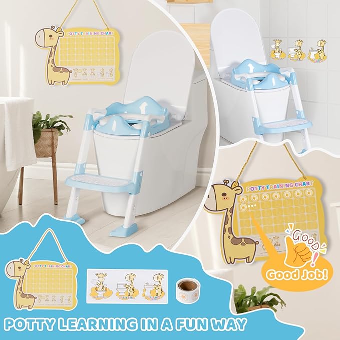 Potty Training Seat with Step Stool, Toddler Toilet Seat w/Ladder, Potty Training Chart, Splash Guard & Upgraded Non-Slip Pads, Kids Foldable Training Toilet Potty Chair for Boys Girls (Blue)