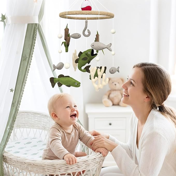 Baby Mobile for Crib Fishing Crib Mobile for Boys Handmade Vintage Hunting Nursery Decor for Infant Bedroom Hanging Rustic Lake House Decor Gone Fishing Party Decorations Baby Shower Gift