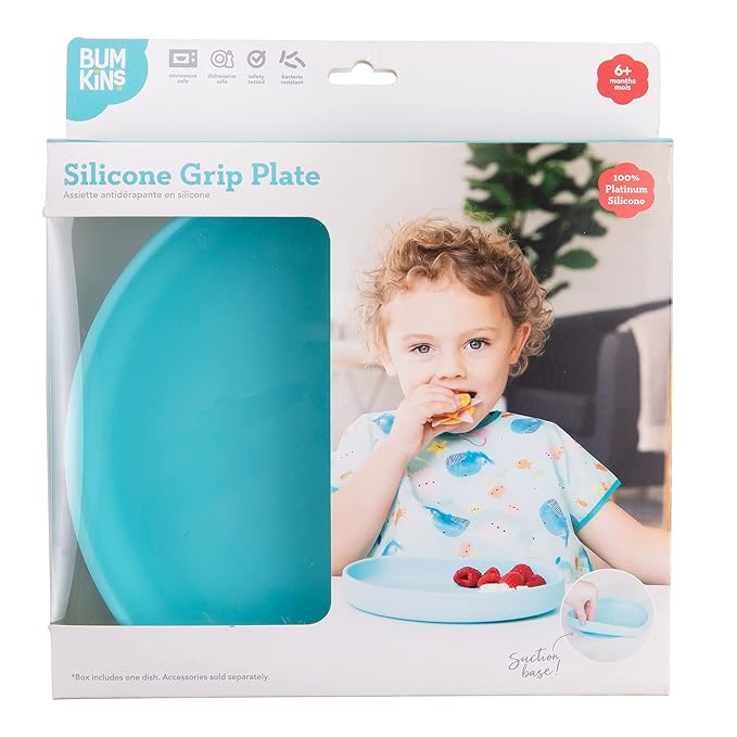 Bumkins Toddler and Baby Suction Plate, Silicone Grip Plate for Babies and Kids, Baby Led Weaning, Children Feeding Supplies, Non Skid Sticky Bottom, Platinum Silicone, Ages 6 Months Up, Blue