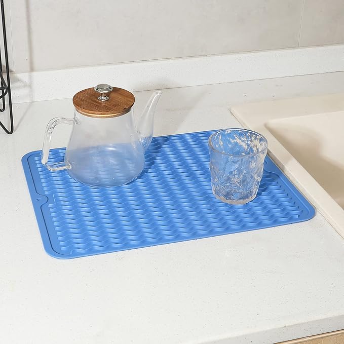 MicoYang Silicone Dish Drying Mat for Multiple Usage,Easy clean,Eco-friendly,Heat-resistant Silicone Mat for Kitchen Counter or Sink,Refrigerator or drawer liner Lichen BlueL L 16 inches x 12 inches