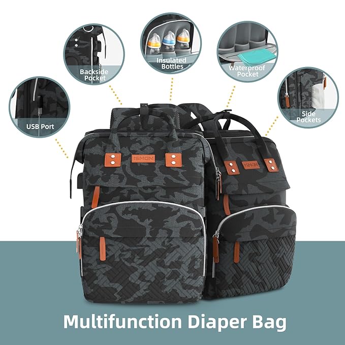 ISMGN Diaper Bag Backpack with Changing Station, Large Diaper Bag, Multifunctional Diaper Bag, Baby Bag, Camo