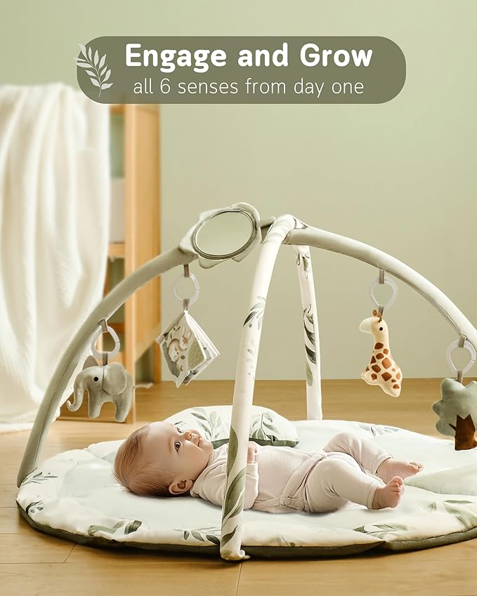 Fortella Baby Play Gym & Activity Mat, Machine Washable & Foldable Tummy Time Mat with 5 Detachable Toys, Certified Safe Newborn Essentials Gift for Baby Registry 0-12 Months (Sage Green)