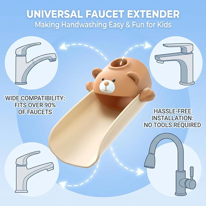 Skyroku Faucet Extender for Kids, Temperature-Sensitive Faucet Spout Extension for Independent Hand Washing - Cute Bear Design, Fits Most Bathroom & Kitchen Sinks(Brown 2P)