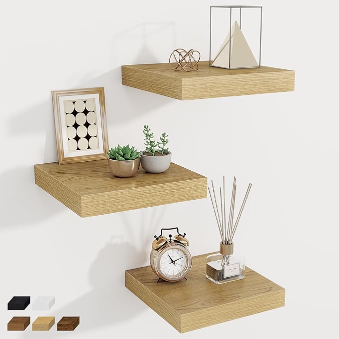 Fun Memories Square Floating Shelves for Wall, 9.3" W x 9.3" D x 1.4" H, Shelves for Wall with Invisible Brackets, Small Wood Storage Shelves for Kitchen, Living Room, Bedroom, Set of 3(Oak)