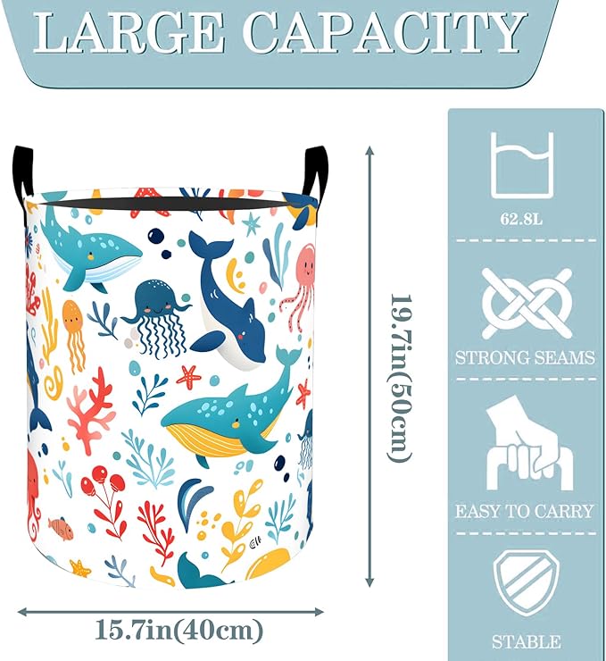 VODRM Ocean Whale Dolphin Octopus Laundry Basket, Dirty Collapsible Clothes Toy Organizer Hamper for Kids Adults, Oxford Cloth Waterproof Storage Bin for Bathroom Coastal Decor Gifts, 19.7"X15.7"