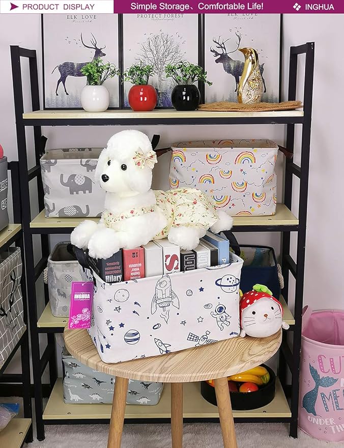 INGHUA Rectangular Storage Basket Fabric Organizer Bin for Toys,Books,Clothes,Gifts,Pets-Perfect for Home,Office,Nursery,Dorm,Shelf(Rec Spaceships)