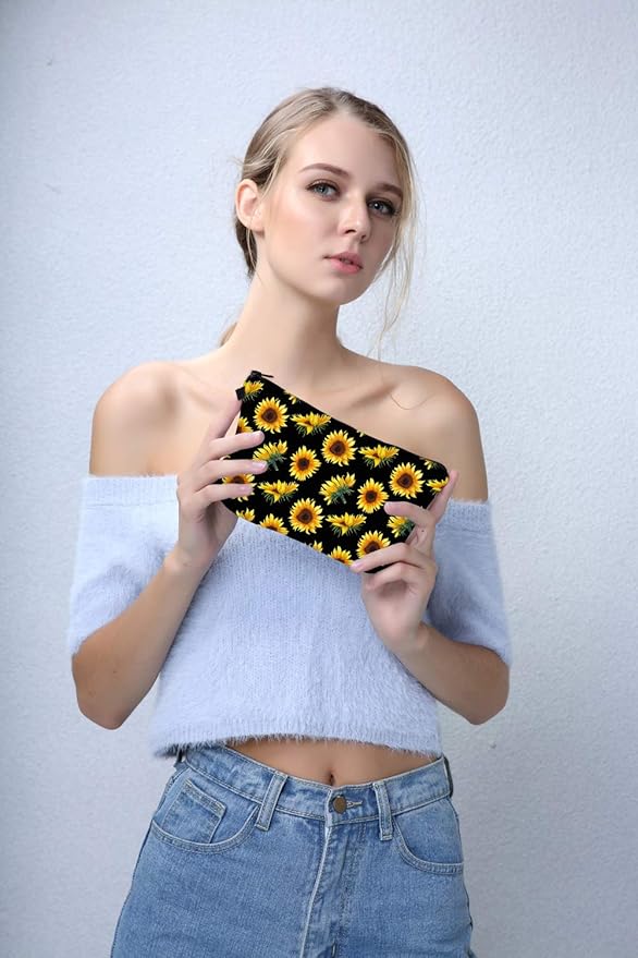Deanfun Makeup Case Small, Cosmetic Zipper Bag Waterproof for Purse Mini, Women Cute Traveling Accessories Pouch for Ladies Thanksgiving Christmas Gifts(Sunflower D2-52355)