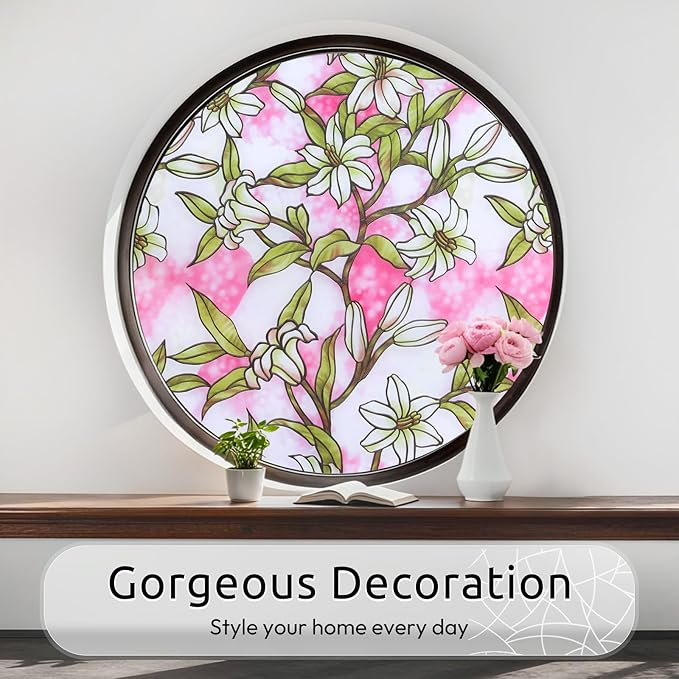 rabbitgoo Pink Lily Window Film Privacy Frosted Glass Cover - Static Cling Removable Decorative Window Tint for Bathroom, Bedroom, Living Room (17.5 x 78.7 Inch)
