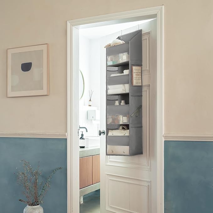 GRANNY SAYS Over The Door Organizer, 4-Shelf Behind The Door Storage with 6 Pockets, Waterproof 300D Oxford Fabric Hanging Organizer, Anti Tilt 35lb Load Hanging Shelf for Nursery, Bathroom, Grey