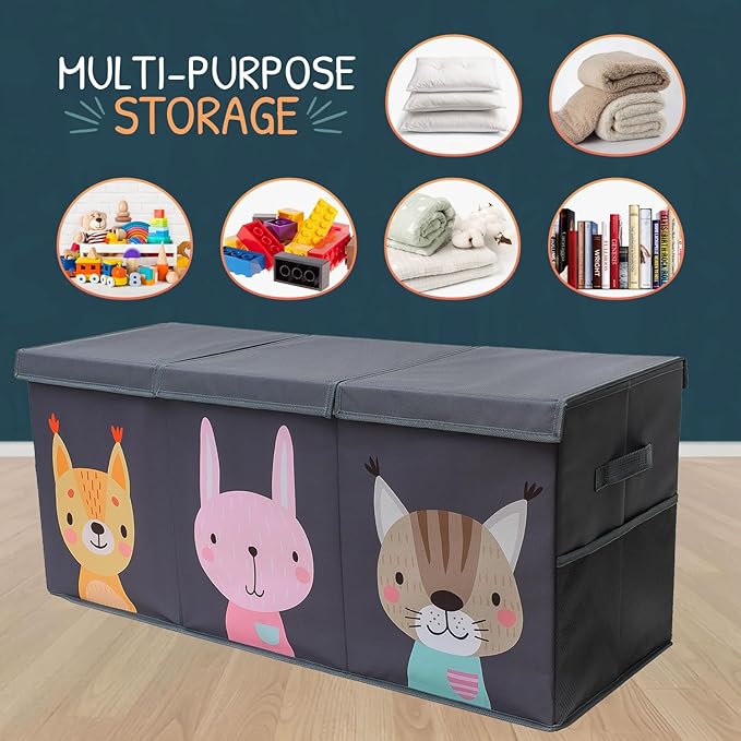 SoftOwl Extra Large Toy Storage Organizer with Lid - Sturdy, Collapsible Toy Chest Storage Box with Cute Design - Toys Bin with Dividers for Kids, Boys, Girls, Nursery, Bedroom, Play room 37"x16"x14"