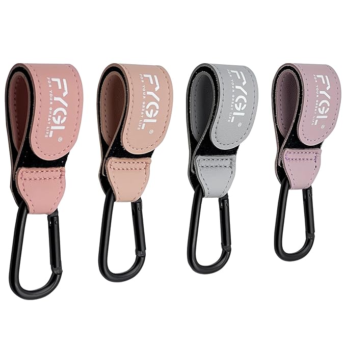 Stroller Hooks - Leather Buggy Clips, Pushchair Carabiner Clip for Bags, Easy Attachment for Pram, Universal Stroller Clips and Hooks, Stroller Accessories - Morandi Light (4 Pack)