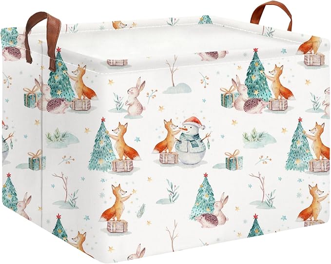 HKEC Rectangle Storage Basket with Handles,Collapsible Storage Bin,Books Box,Gift Basket(Animal Christmas)