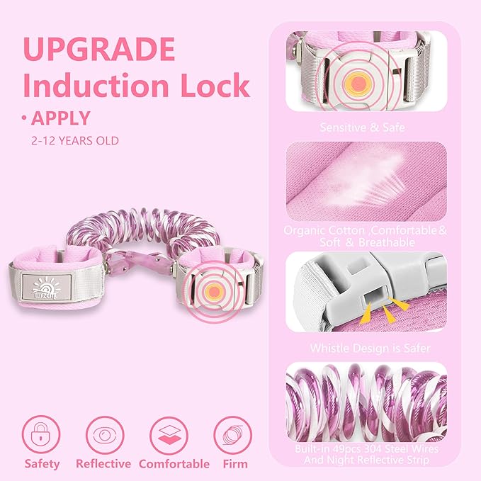 Anti Lost Wrist Link,Toddler Harness Walking Leash with Induction Lock,Reflective Child Wrist Leashes for Baby,6.56ft Kids Leash for Supermarket Mall Airport Amusement Park Zoo Travel（Pink）