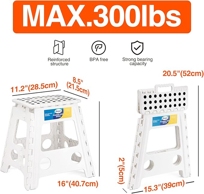 Korpai 16" Folding Step Stool for Adults and Kids Holds Up to 300 lbs,Non-Slip Folding Stools with Portable Handle, Compact Plastic Foldable Step Stool for Bathroom,Bedroom, Kitchen, White,1PC