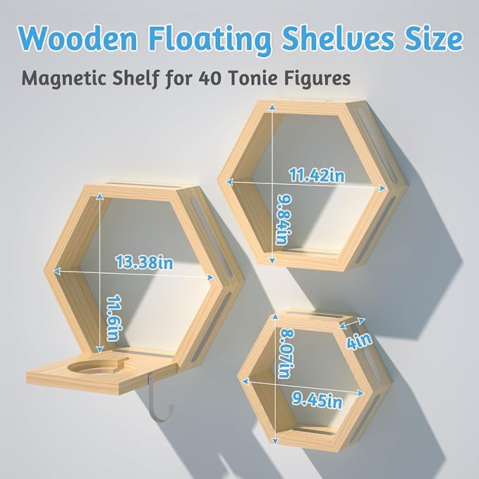 Hexagon Tonies Shelf Magnetic - Tonies Storage Shelf Set of 3 for Kids Room, Wooden Magnetic Display Shelf for Tonie Box Holder, Wall Floating Shelves Toy Storage Compatible with Tonie Accessories