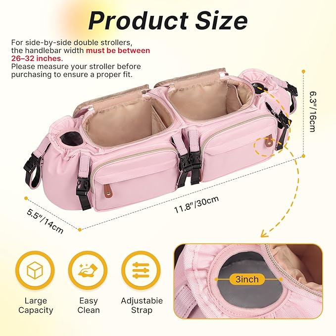 Double Stroller Organizer for Bob Duallie and Baby Jogger City Mini GT2, Double Stroller Caddy Organizers with Cup Holder and 2 Cooler Pockets Parent Console Double Stroller Accessories