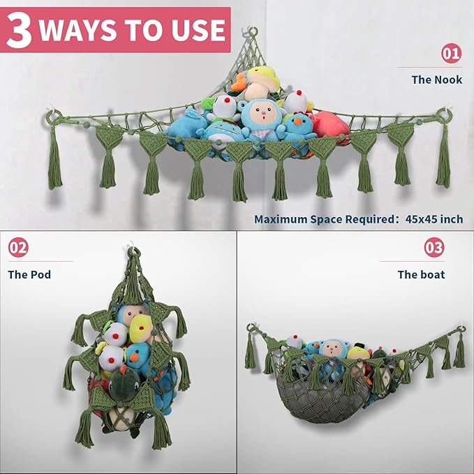Stuffed Animal Hammock Corner - 56'' Jumbo Handcrafted Stuffed Animal Net Toy Hammock - 100% Natural Cotton 5mm Double Macrame Cord Plushies Storage - Green Stuffy Plushie Net w/LED Star Light