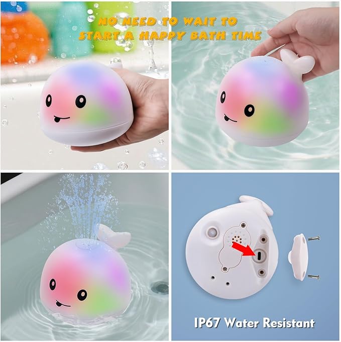 ArtCredit Light Up Bath Toy Sprinkler for Babies, Rechargeable Bathtub Pool Water Toys Baby Gifts for Toddlers, Shower Essentials (White Whale)