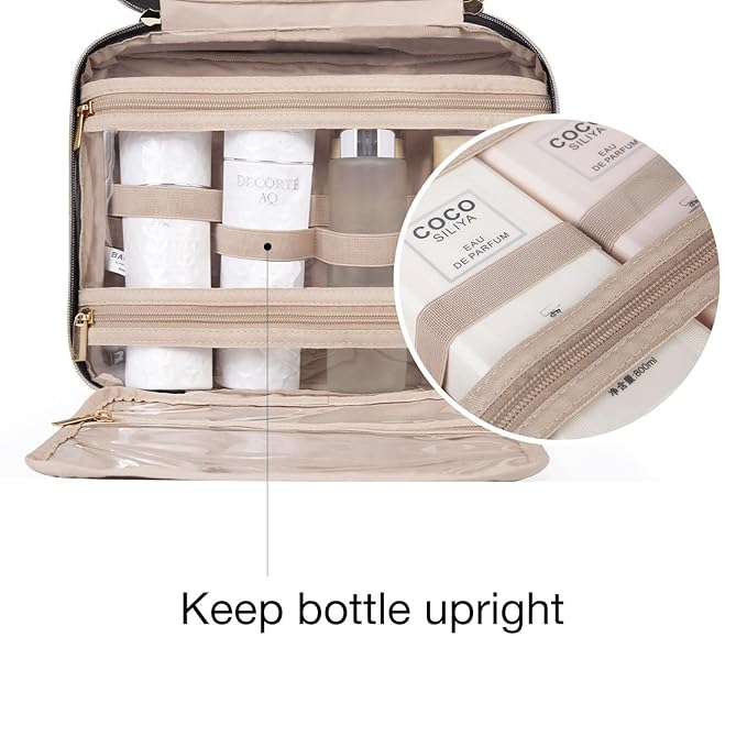 BAGSMART Toiletry Bag Travel Bag with Hanging Hook, Water-resistant Makeup Cosmetic Bag Travel Organizer for Accessories, Shampoo, Full-size Container, Toiletries (Khaki Checkerboard, Medium)