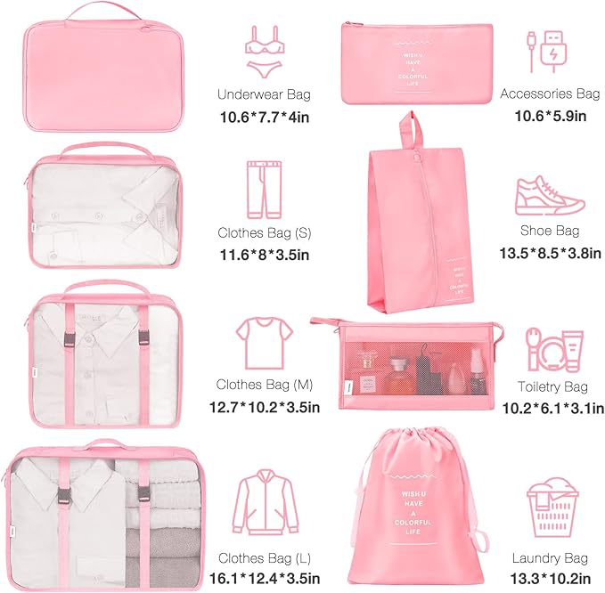 8 Set Packing Cubes for Suitcases,Packing Cube with Shoe, Cosmetics, Clothing, and Accessories Bags Packing Cubes for Travel Luggage Organizer Women Men (Pink)
