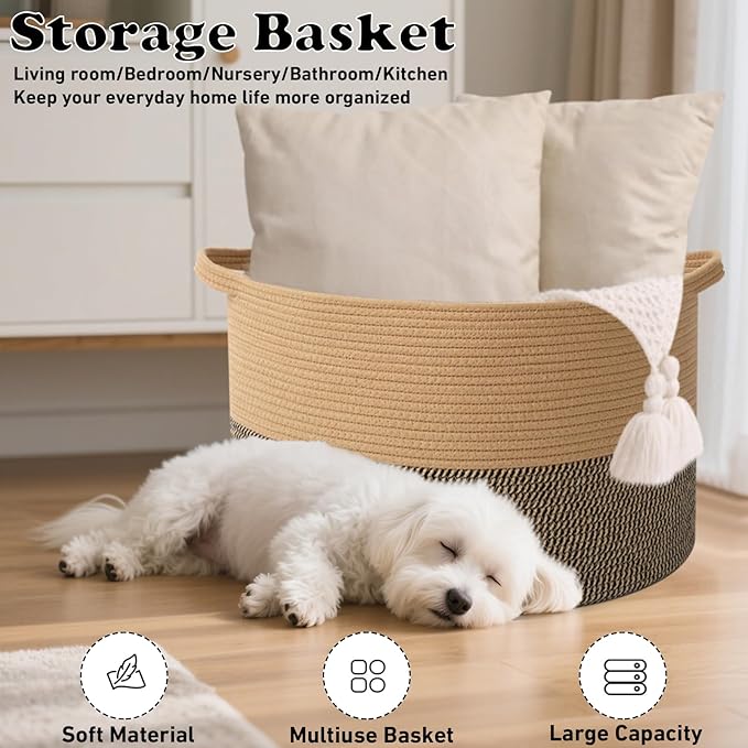 90L Large Blanket Basket,21.7"L x 21.7"W x 13.8"H Rope Woven Baskets with Handles, Toys Storage Bins,Laundry Basket Perfect for Living Room, Nursery,Bedroom,Home Organization,Jute&Black