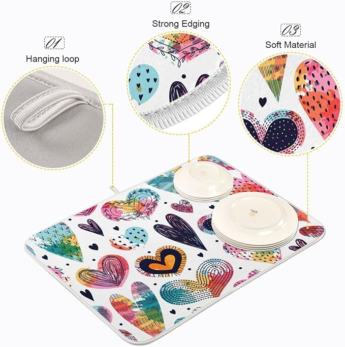 Absorbent Dish Drying Mat for Kitchen Counter - Cute Hearts Colorful Microfiber Drying Pad, Reversible Drainer Mats for Countertop, Large 18" x 24"