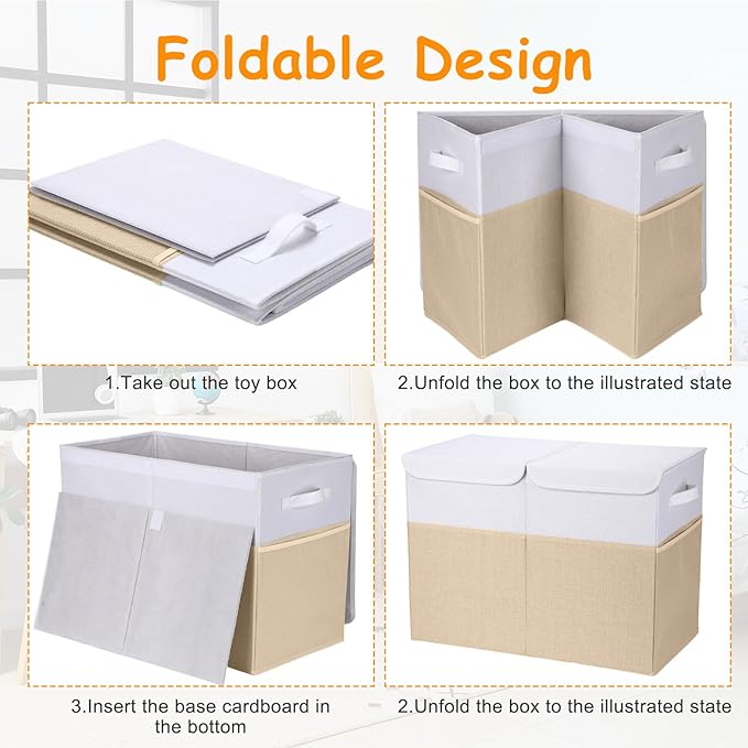 Fiwochic 3 Pack 23" Large Toy Storage Box with 11" Cubes Bins, Collapsible Toy Organizer Chest with Lids for Kids Nursery Playroom Bedroom Living Room Christmas Ornament Storage Box(Beige White)