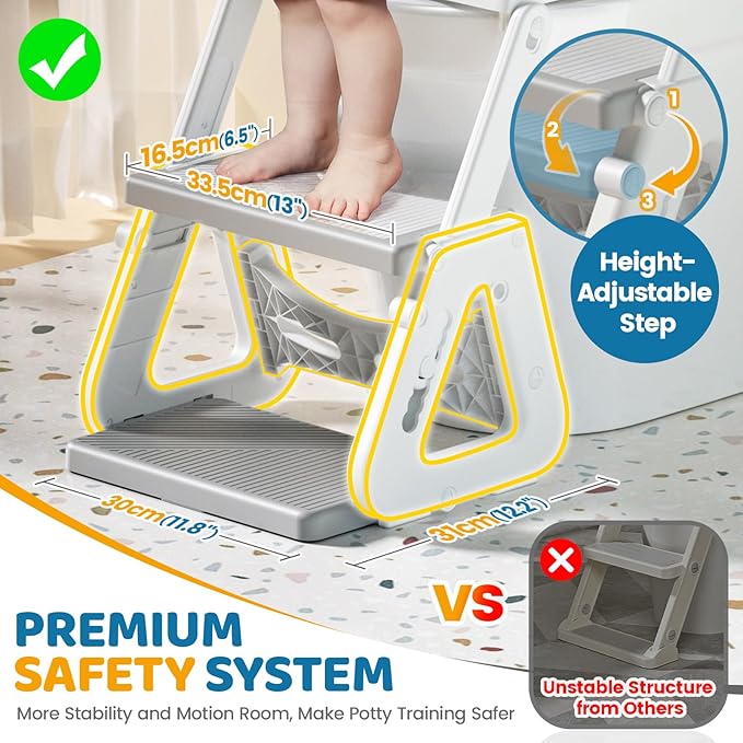 Orzbow 2-IN-1 Potty Training Toilet Seat with Step Stool for Toddler, Stability Training Potty Seat for Kids Boys Girls with Splash Guard and Anti-Slip Pad, Adjustable Ladder & Potty Seat Height, Grey