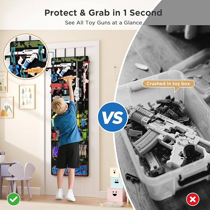 Over the Door Organizer for Toy Guns, Toy Gun Storage Organizer with Pockets and Slots for Kids Foam Blasters, Darts, Goggles, Over Door Toy Storage Hanger for Kids Rooms, Game Rooms, Green