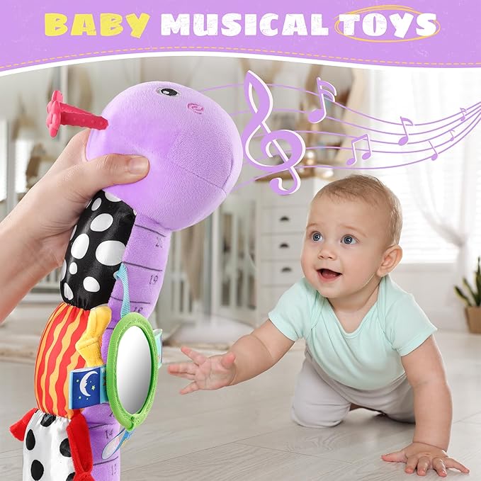 Baby Toys 6-12 Months Music Caterpillar,Stuffed Animals Infant Toys 0-3-6 Months,Teething Sensory Toys Tummy Time with Mirror Crinkle Rattle&Pull String for Boys Girls Gifts Birthday|Purple