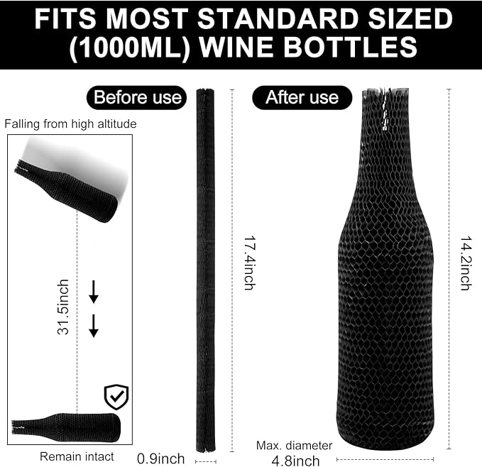 Wine Bags for Travel Honeycomb Paper, 16 Set Reusable Glass Liquor Bottle Sleeves, Proof Hardened Safety and Impact Resist for Shipping Packing Transport Black