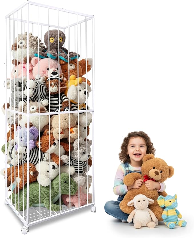 BETBEM Stuffed Animal Storage, Metal Tube Extra Large Toy Storage Organizer with Brake Wheels, Stuffed Animal Holder Zoo Organizer for Nursery Playroom Kids Room White(61” x 23.6”x 16.5”)