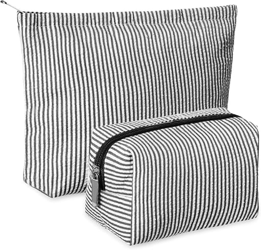 2 Pcs Makeup Bag Set Cute Cosmetic Pouch for Women Seersucker Travel Toiletry Bag Preppy Small Makeup Purse Pouch Aesthetic Skincare Brushes Storage Organizer for Valentine Women(Black)